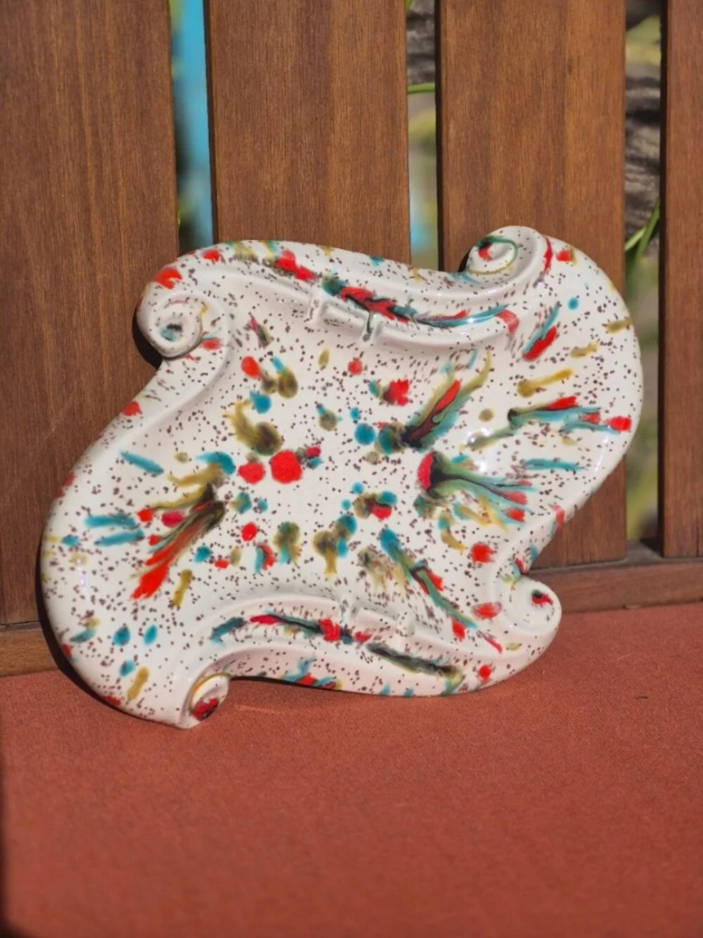 Speckled Ceramic Ashtray Drip Glaze Splatter Mid Century Modern Red Turquoise